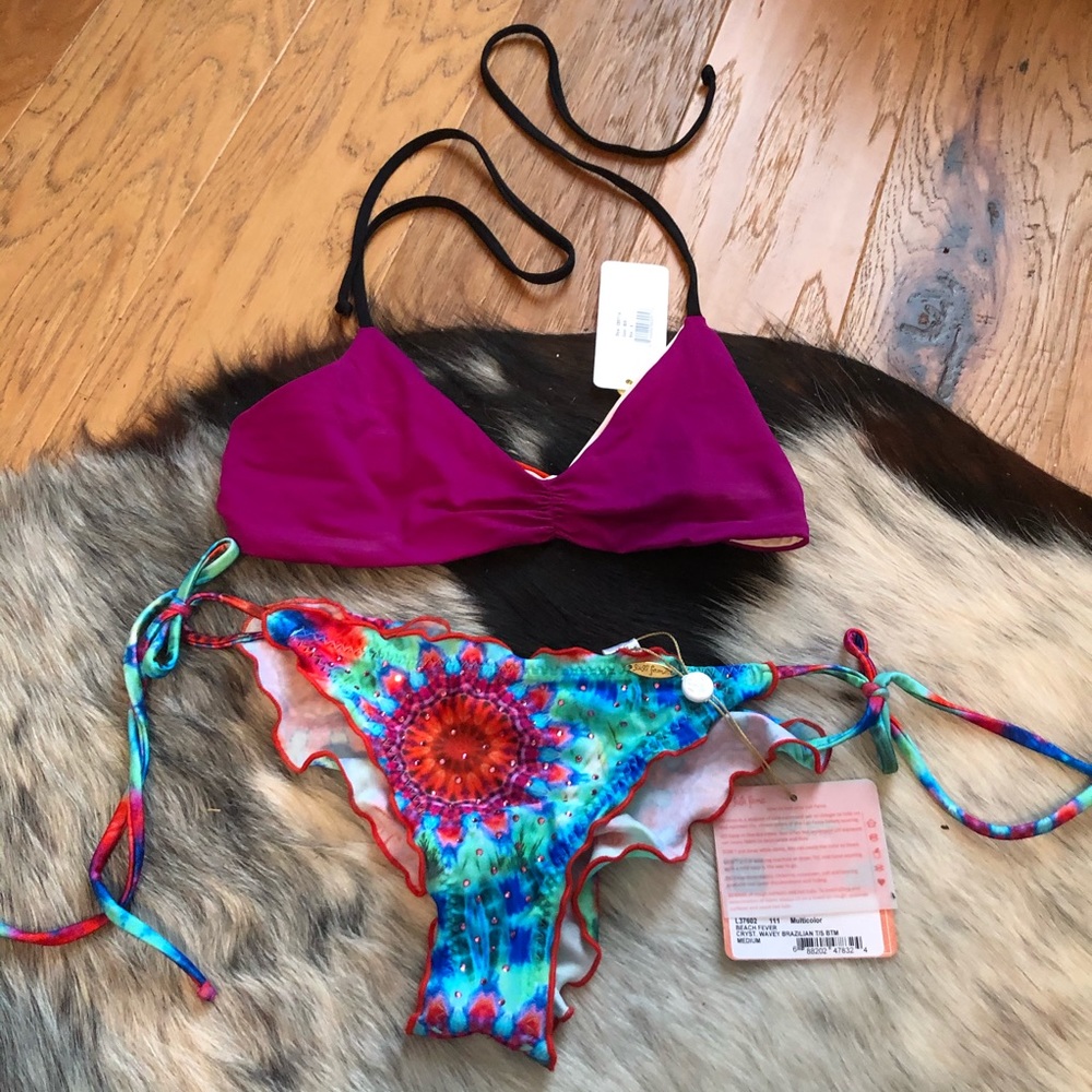 New L Space reversible swimsuit bikini top‎ Strappy Nude Fuschia Color